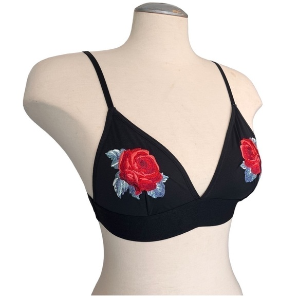 Pink by Victoria’s Secret Lace Triangle Bralette with Embroidered Roses on Black - Picture 2 of 16